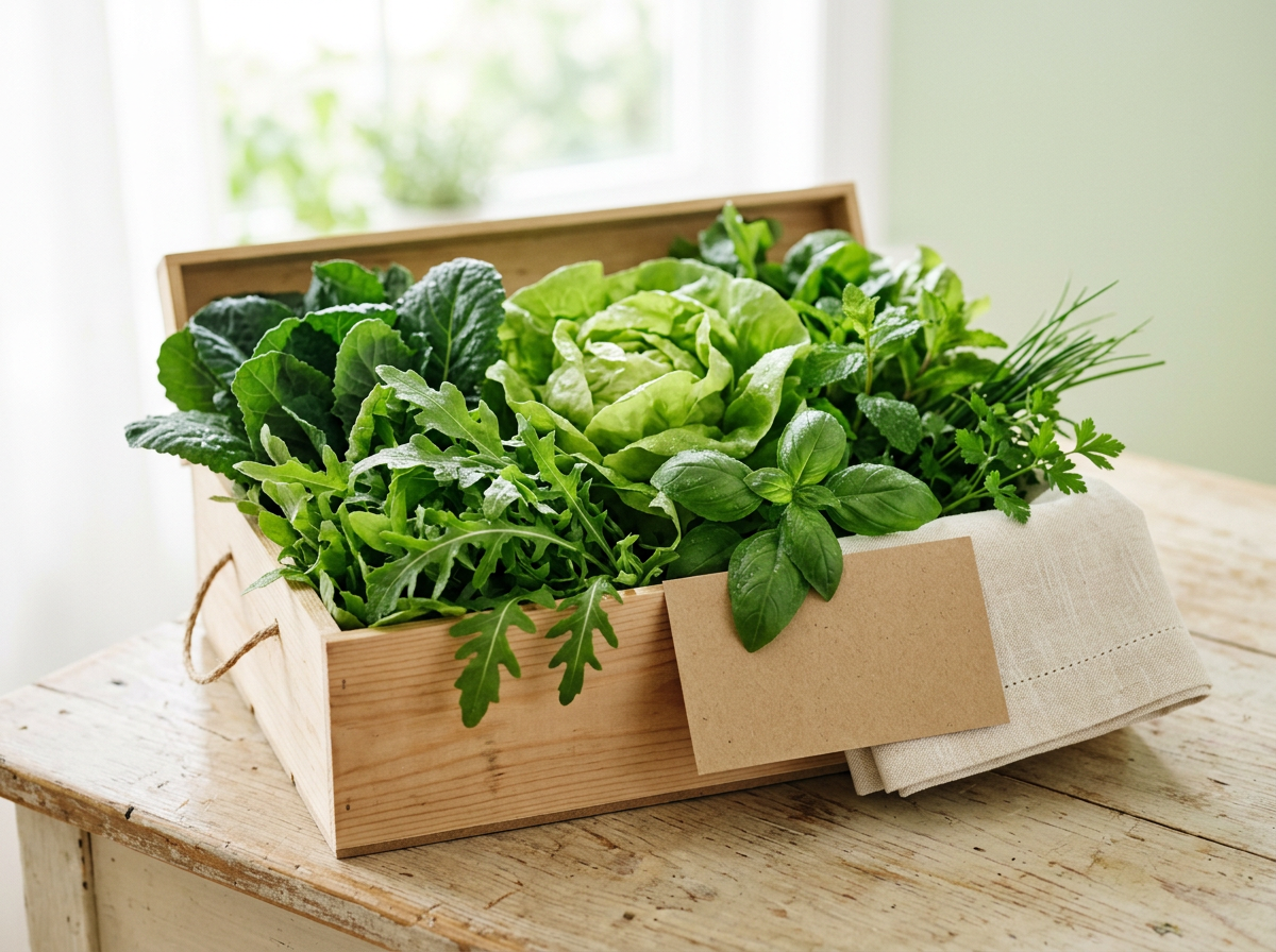 A harvest sample box filled with freshly picked leafy greens and herbs