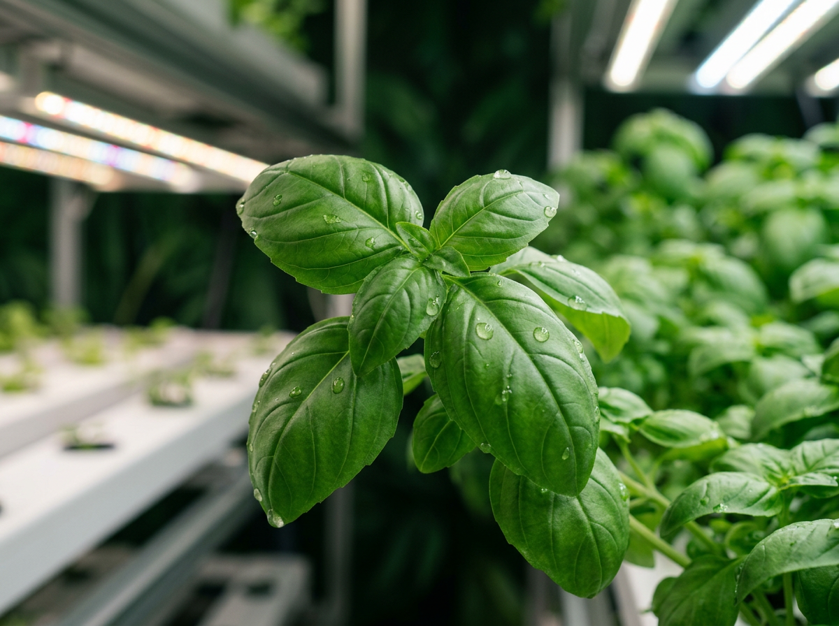 Fresh Genovese basil with vivid emerald leaves