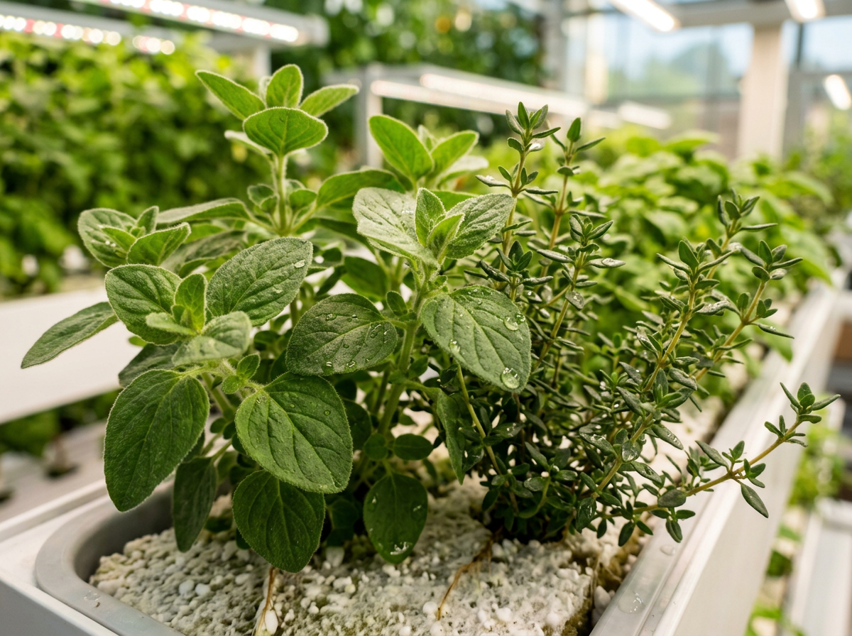 Fresh oregano and thyme sprigs grown in a greenhouse